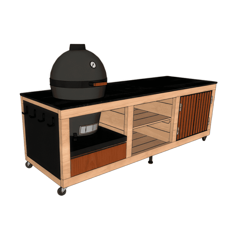 LULU La Nantaise avec encastrement sur mesure pour Kamado de taille L ou M. 1 porte, 1 tiroir, 2 étagères.