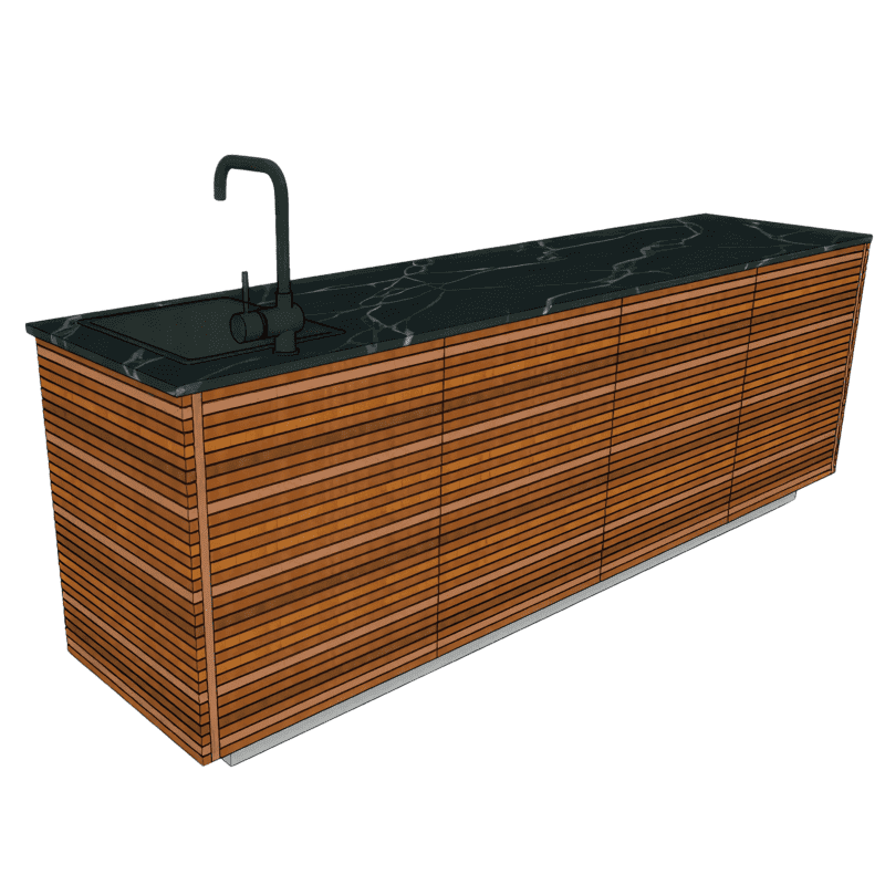Option Habillage en tasseaux vertical ou horizontal de l’arrière de la cuisine. Bois exotique Classe 4 (Bangkirai)