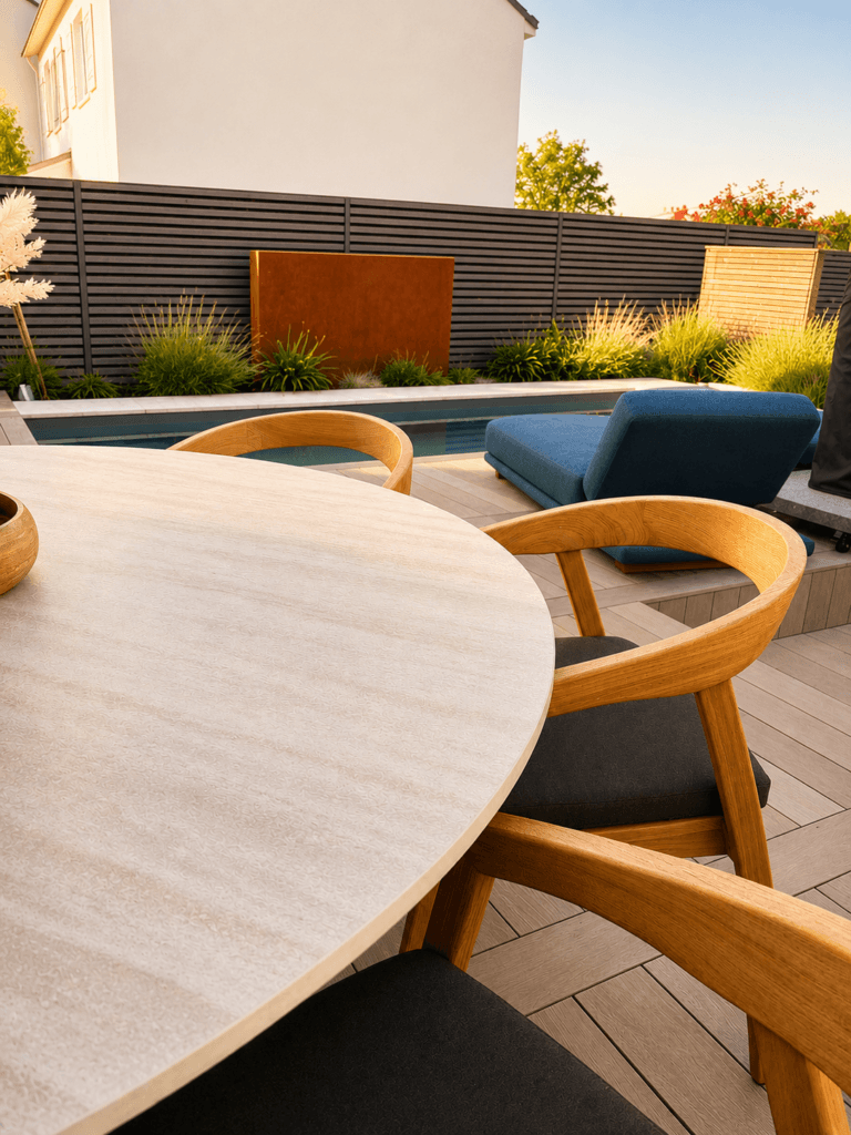 Table extérieure haut de gamme avec plateau en céramique sur mesure
